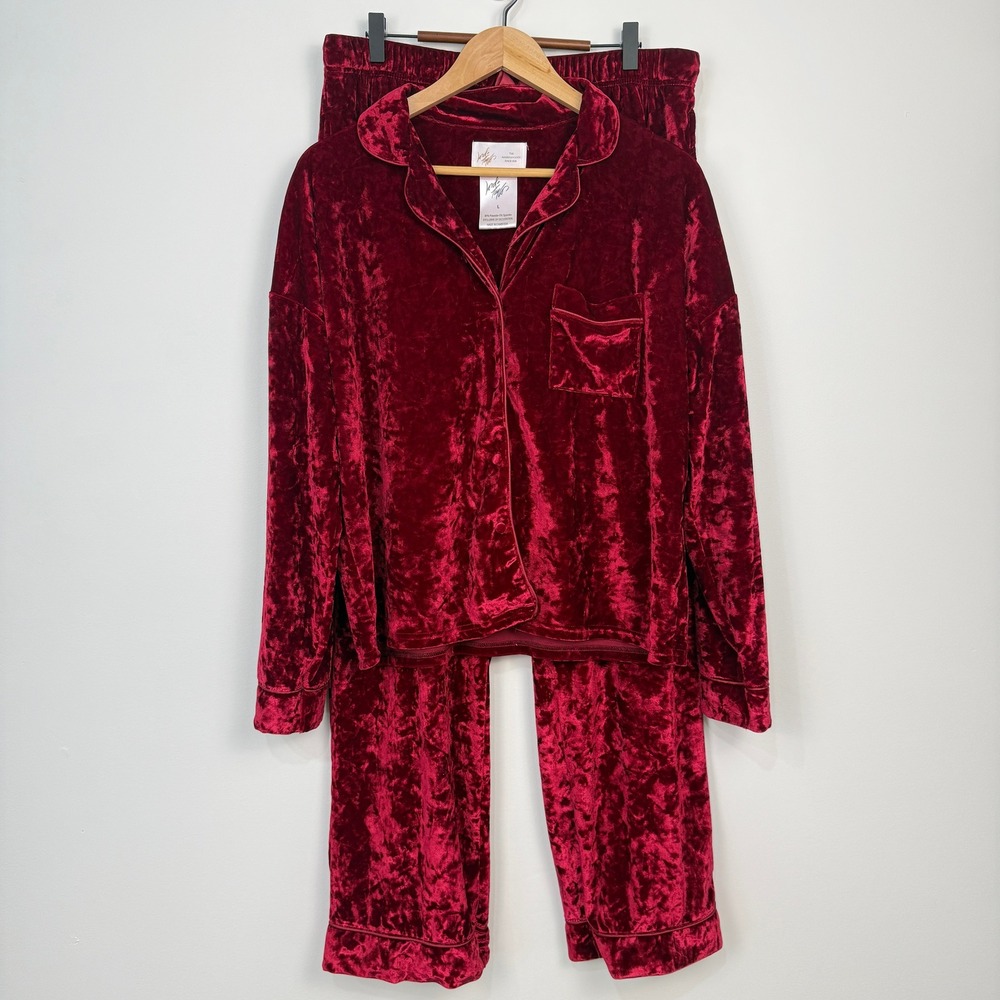Lord & Taylor Pajama Set Womens Large Red Crushed Velvet Velour Cozy Comfy